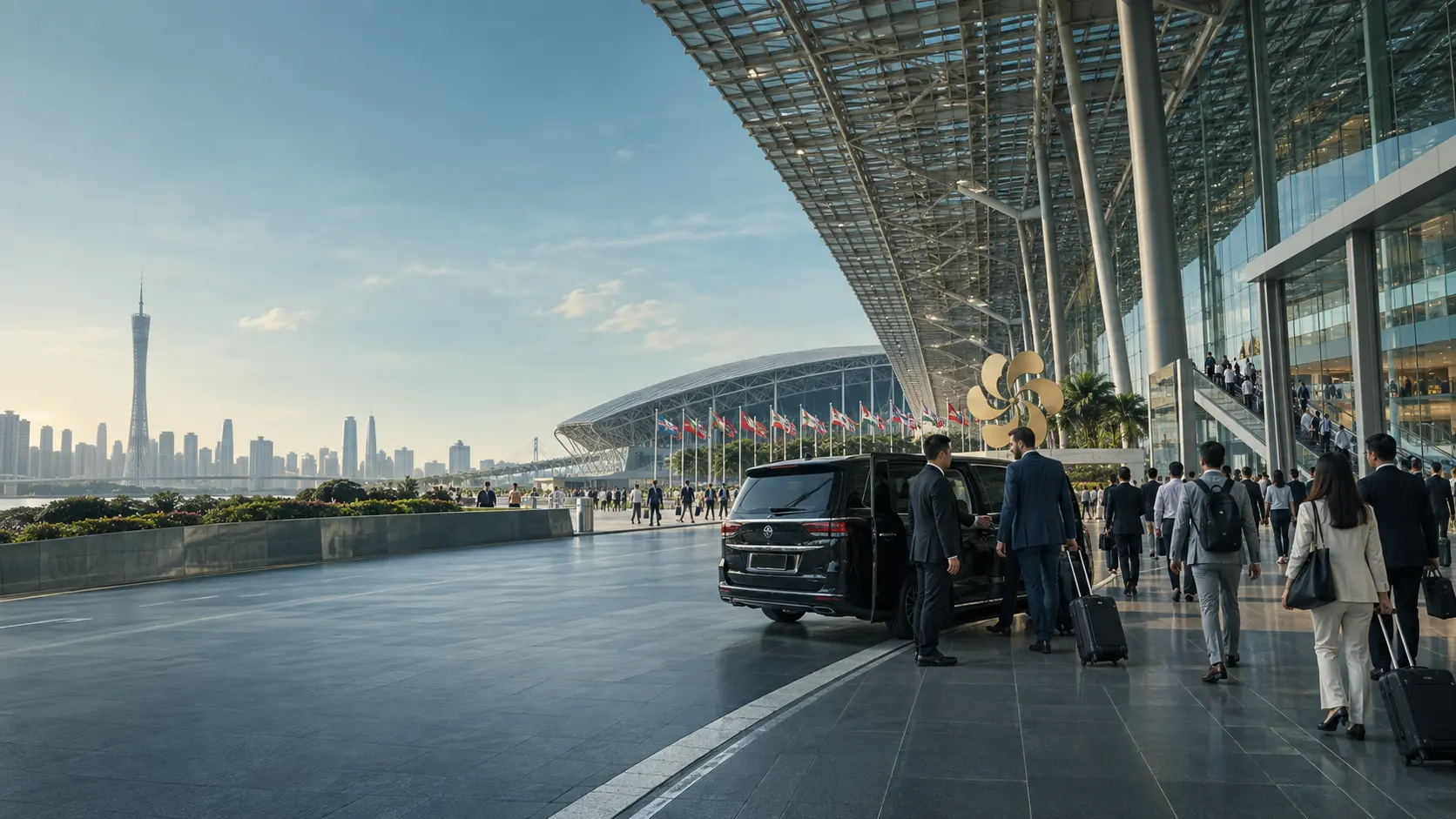 Canton Fair Complex in Guangzhou with business visitors arriving by chauffeur vehicle
